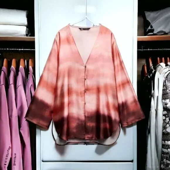 Zara V-neck Long Sleeve Blouse Pink Size Medium - Picture 2 of 5